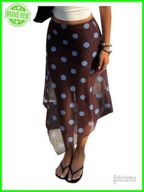 Women's Polka Dots Mesh Skirt See Through Ruffle Flowy Midi